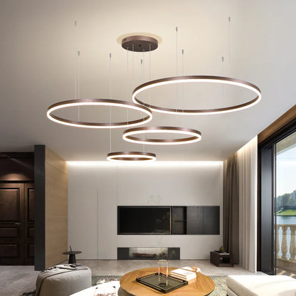 Modern LED Chandelier 2024 - Brushed Rings Ceiling Light | Gold &amp; Coffee