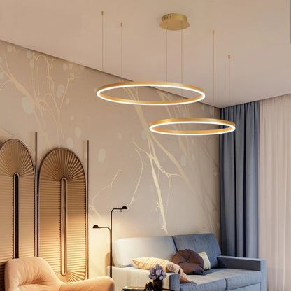 Modern LED Chandelier 2024 - Brushed Rings Ceiling Light | Gold &amp; Coffee