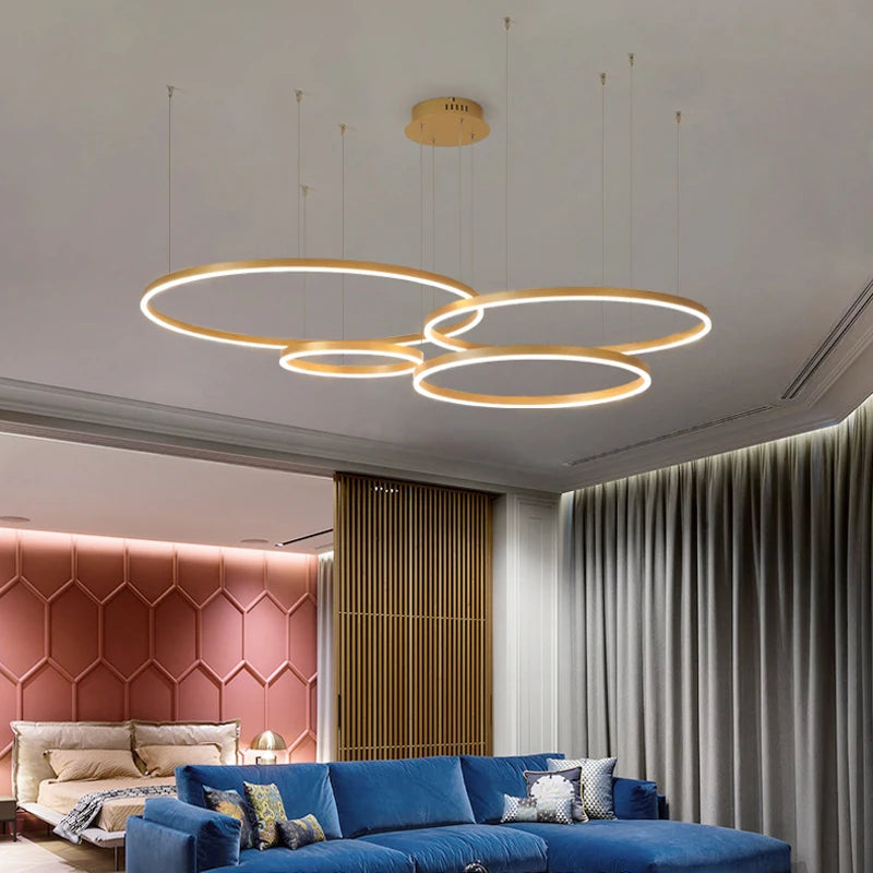 Modern LED Chandelier 2024 - Brushed Rings Ceiling Light | Gold &amp; Coffee