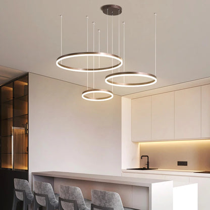 Modern LED Chandelier 2024 - Brushed Rings Ceiling Light | Gold &amp; Coffee