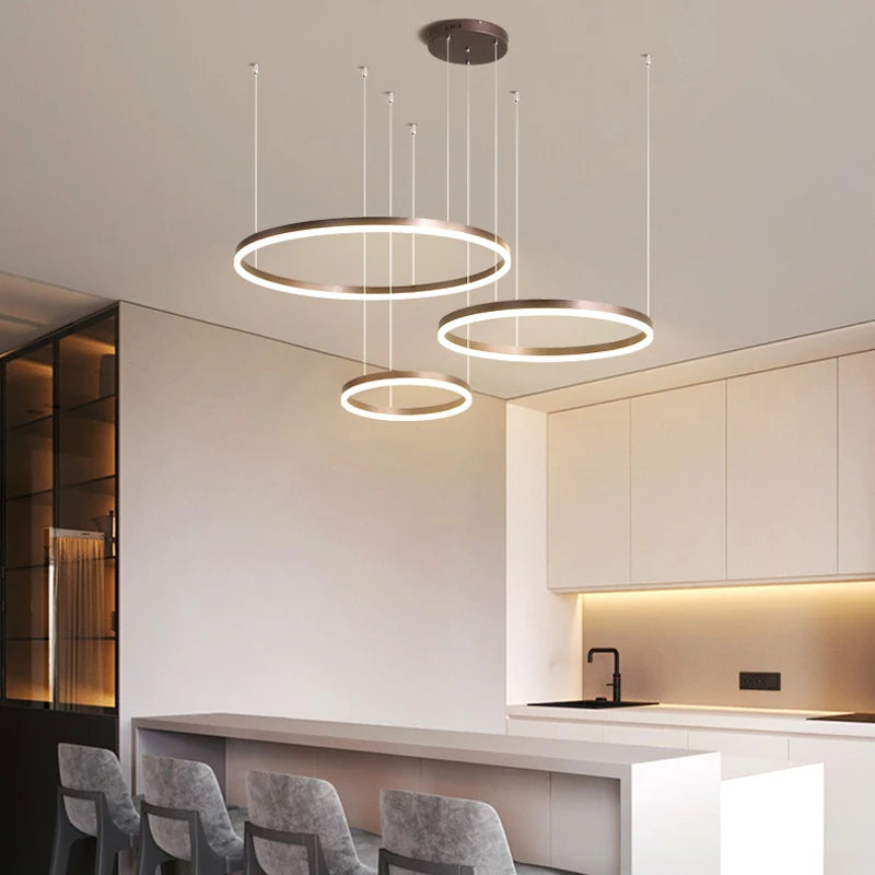 Modern LED Chandelier 2024 - Brushed Rings Ceiling Light | Gold &amp; Coffee