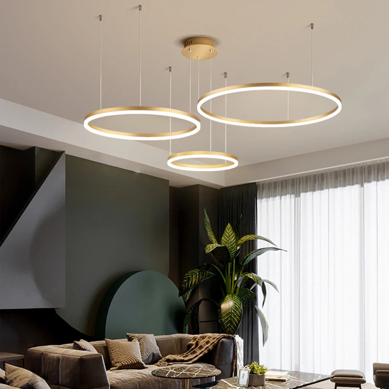 Modern LED Chandelier 2024 - Brushed Rings Ceiling Light | Gold &amp; Coffee