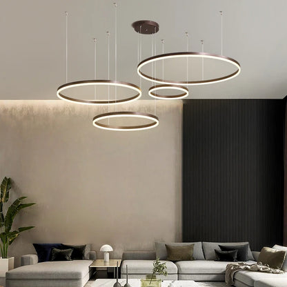 Modern LED Chandelier 2024 - Brushed Rings Ceiling Light | Gold &amp; Coffee